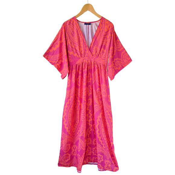 LA PLAGE Vintage Kaftan Maxi Dress Size Medium Pink Orange Resort Beachy Boho - Picture 8 of 10